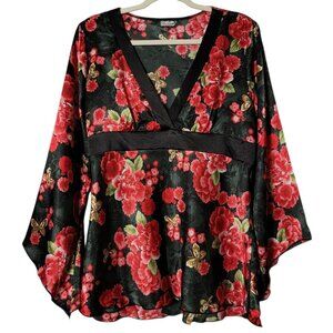 VTG Rave Womens Black Satin Floral Butterfly Kimono Bell Sleeves V-Neck Top L